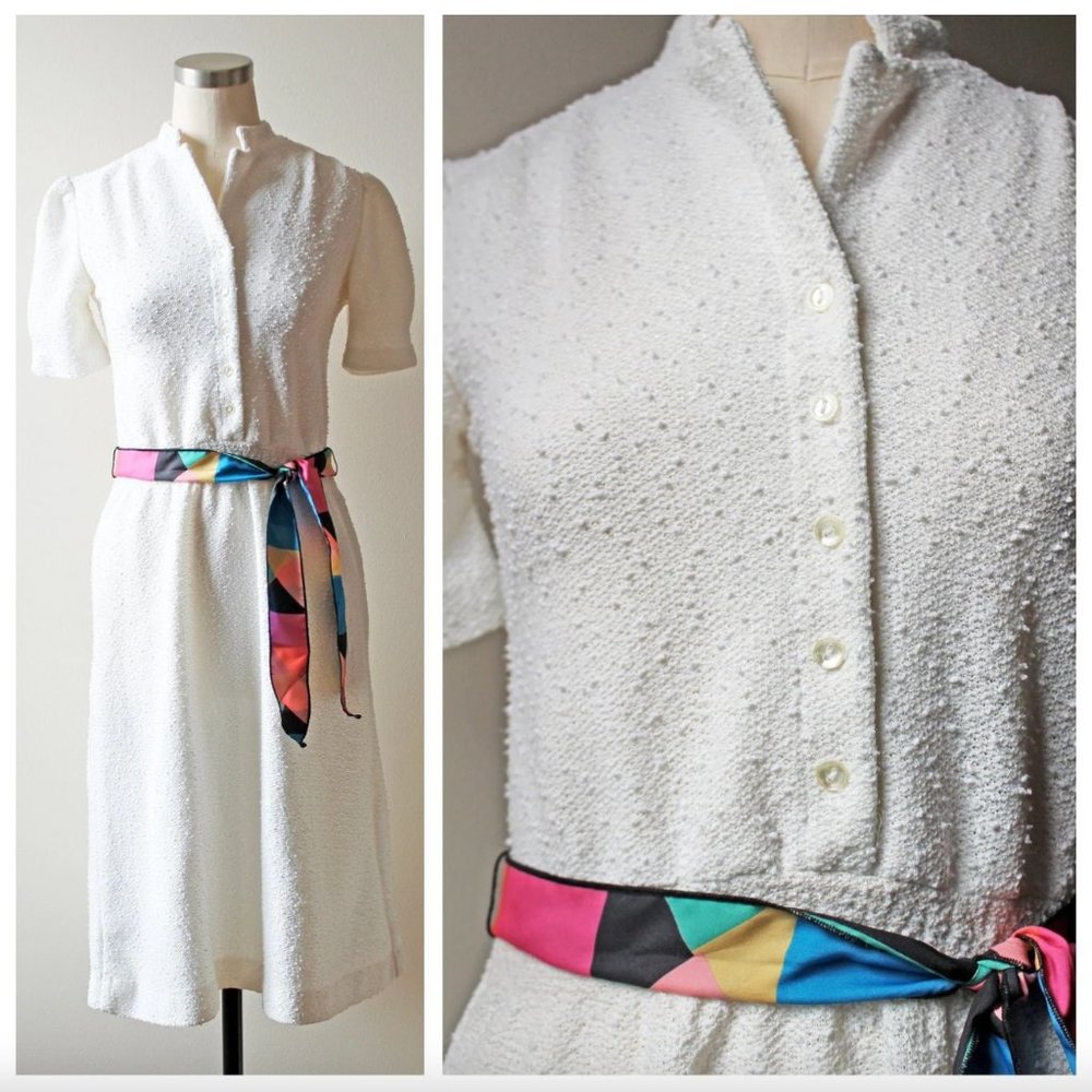 Vintage 1970s White Popcorn Knit VTG Stretch Dress w/ Multicolor Belt